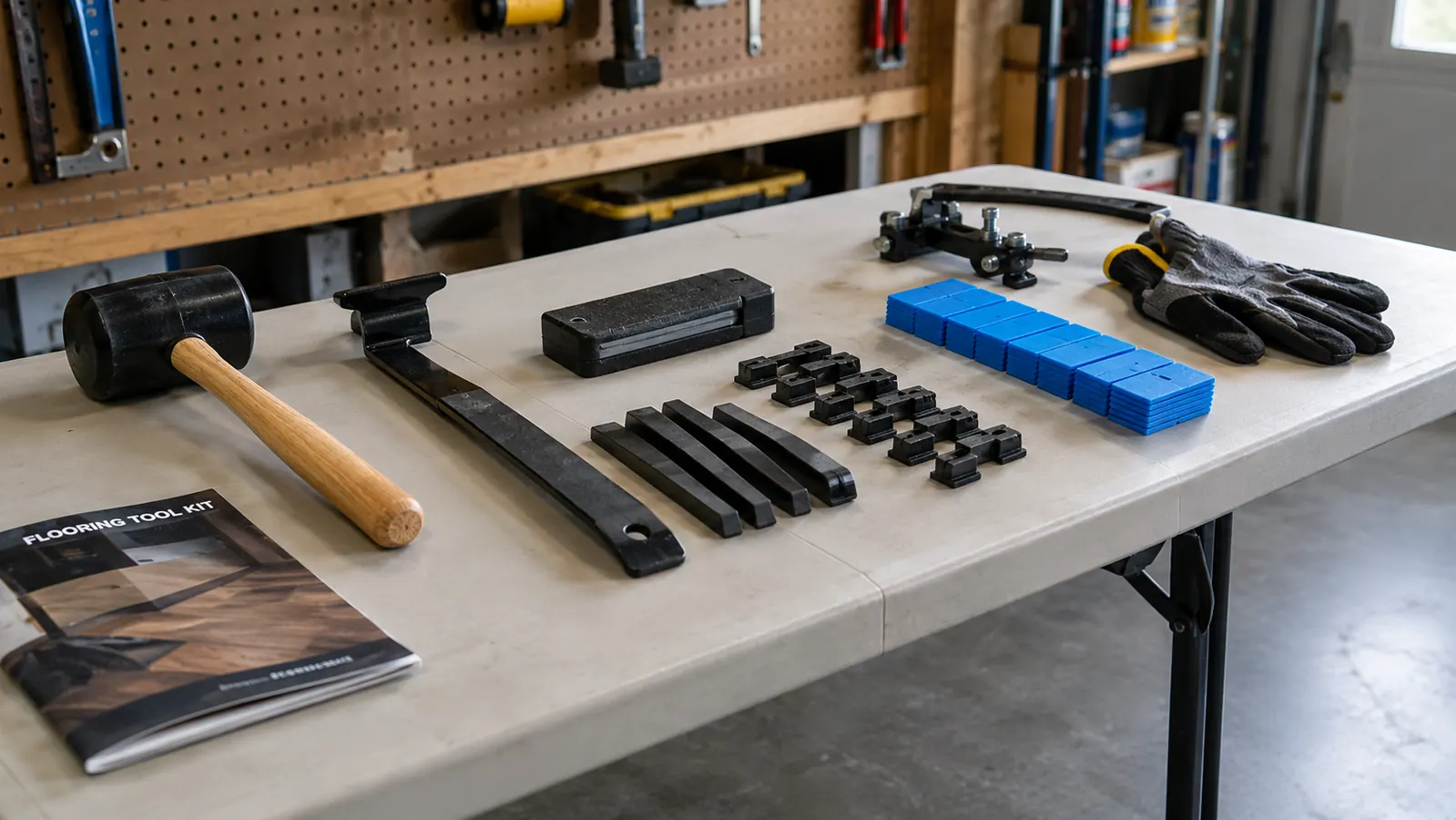 A folding work table in a garage workshop with the contents of a flooring tool kit laid out in neat rows, including a mallet, pull bar, spacers and wedges
