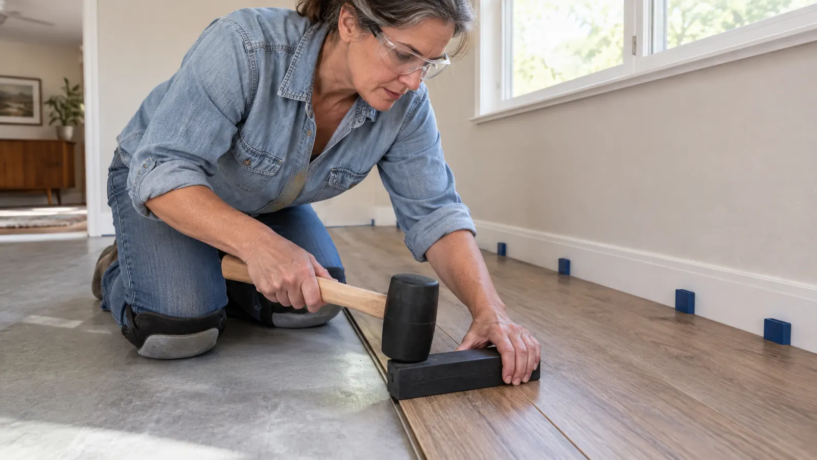 A hand using a tapping block and mallet to seat a vinyl plank against the previous row