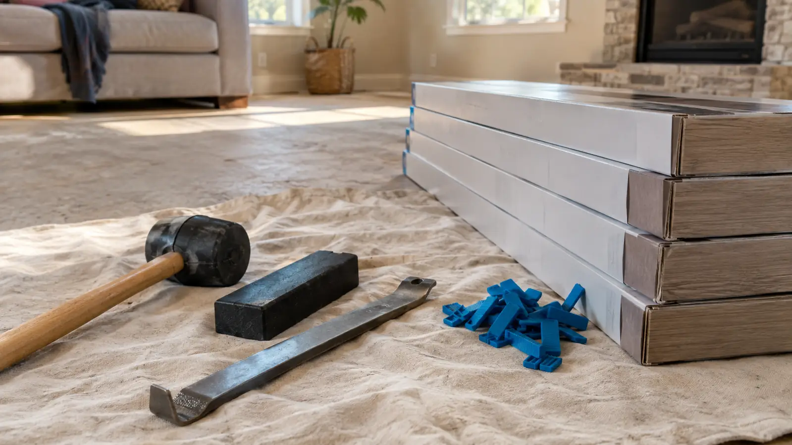 Flooring installation tools laid out on a drop cloth beside a stack of vinyl plank boxes
