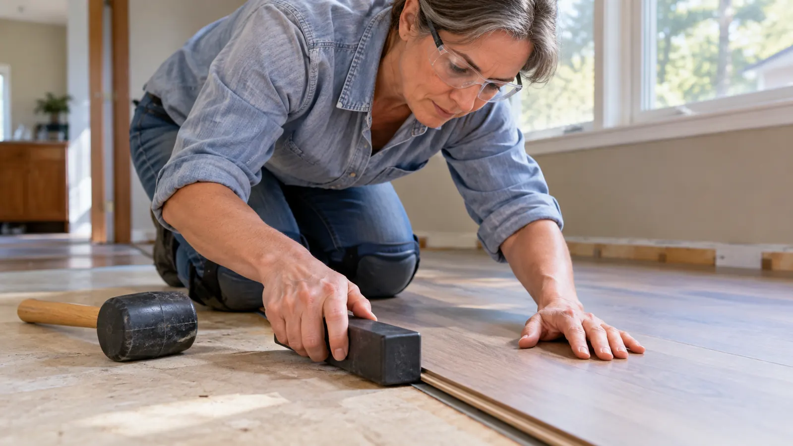 A hand holding a tapping block against the edge of a laminate plank while a mallet rests on the floor nearby