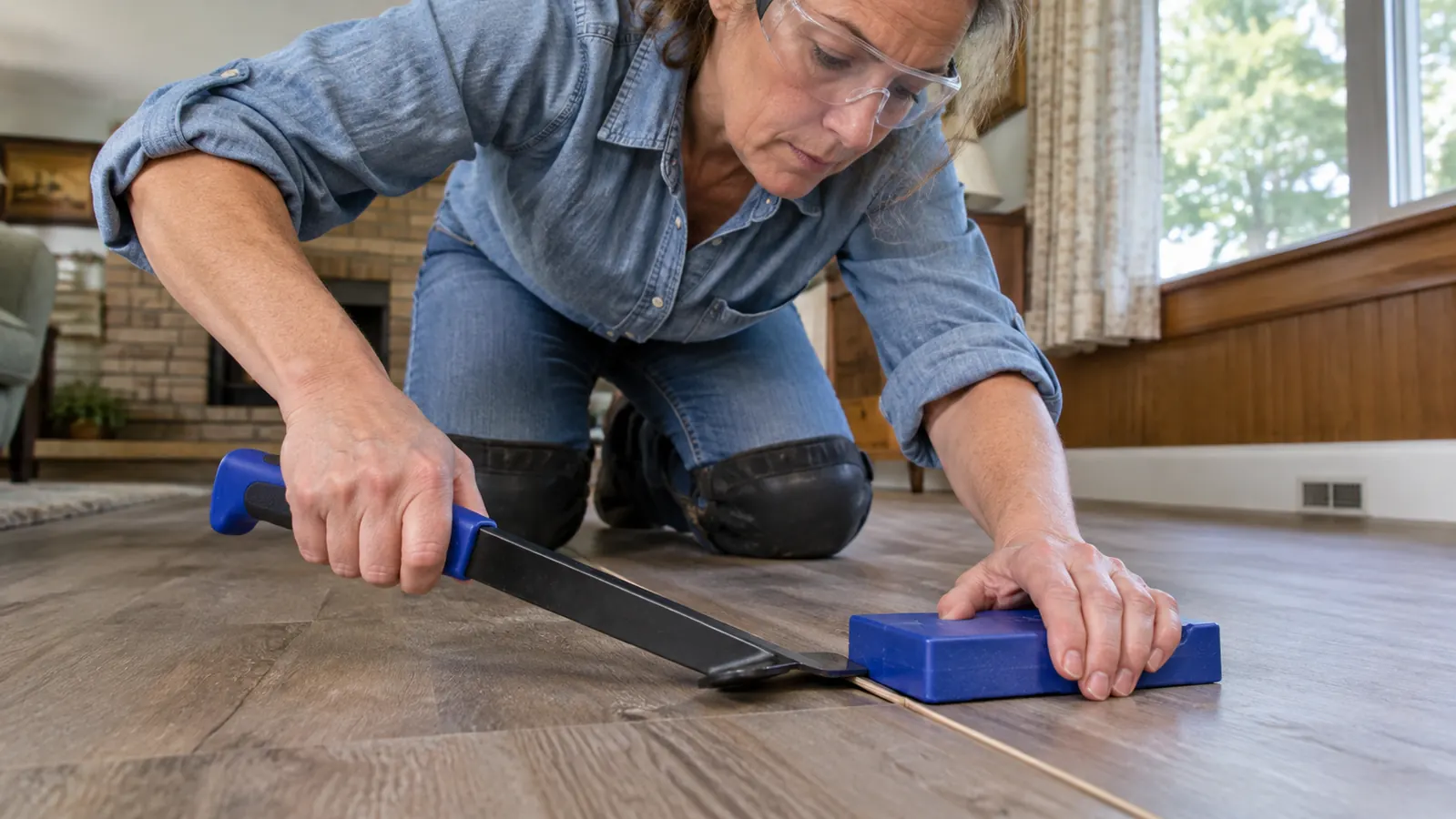 A hand using a pull bar and tapping block from the WORKPRO flooring kit to close a gap between two installed vinyl planks