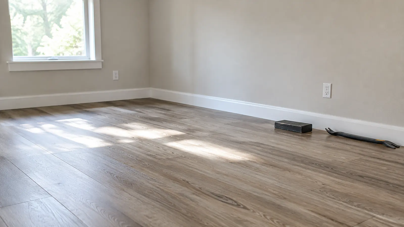A spare room with freshly installed vinyl plank flooring, a few tools from the kit resting on the floor near the wall
